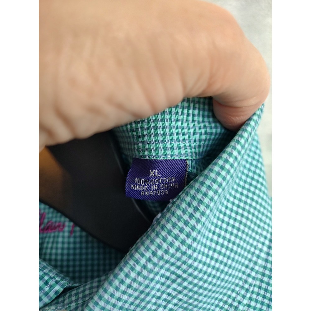 Alan Flusser Mens XL Teal Gingham Check Cotton Button Down Shirt Long Sleeve - Picture 9 of 10